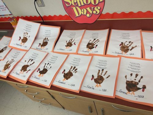 Turkey handprint poem display in a Kindergarten classroom at Lockley 